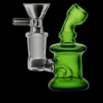 A compact green glass water pipe with a clear bowl attachment.