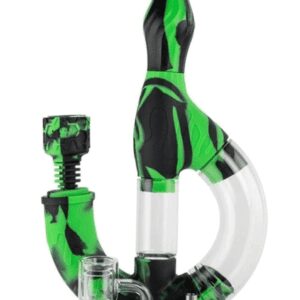 Green and black glass water pipe with a unique spiral design.