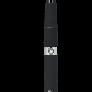 A sleek black vape pen with a silver band.