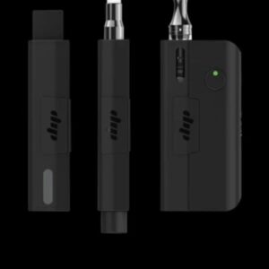 Black vaping device shown from three angles with a green indicator light.