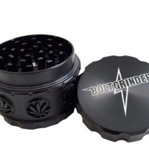 Black metal herb grinder with leaf design and logo.