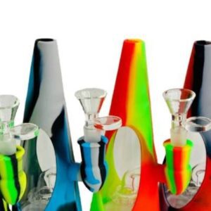 Colorful glass vases and candle holders with vibrant patterns.