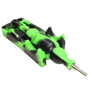 Green soldering iron kit with multiple tips in a black and green holder.