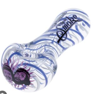 Clear glass smoking pipe with blue swirls and a purple flower design.