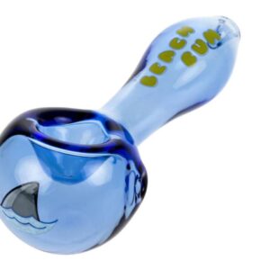 Blue glass smoking pipe with green dots design.