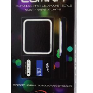 Digital pocket scale with a sleek black design and colorful buttons.