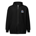 Black zip-up hoodie with a small colorful logo on the chest.