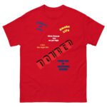 Red T-shirt with colorful text and graphics in a playful design.