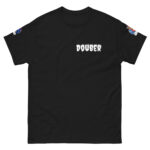 Black t-shirt with white 'DOUCER' text on front and small logos on sleeves.
