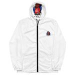 White hooded jacket with colorful embroidered patches and black zipper.