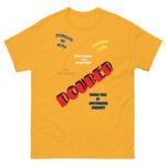 Yellow T-shirt with motivational quotes and bold 'DOUBTED' text.