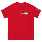 Red t-shirt with 'DOUBER' text on front and patches on sleeves.