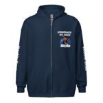 Navy blue zip-up hoodie with graphic and text on front and sleeves.