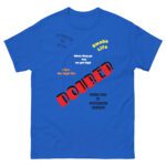 Blue T-shirt with various phrases and the word 'DOUBT' in bold red.