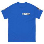Blue T-shirt with white text 'DOUBER' on the front.