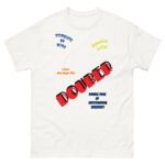 White t-shirt with colorful text and a bold 'DOUBTED' graphic.