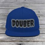 Blue snapback hat with the word 'DOUBER' embroidered on the front.