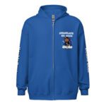 Blue zip-up hoodie with a bear and text design.