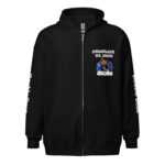 Black zip-up hoodie with a colorful graphic and text on the chest and sleeve.